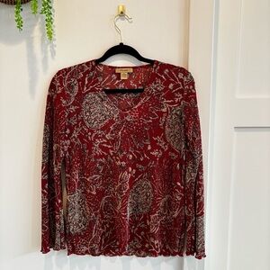 Plisse Vintage Euro Burgundy Paisley Long Sleeve Crinkle Women's Top Size Medium